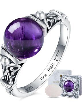 Sterling Silver Amethyst Fidget Ring - S925 Decompression Spinner for Women